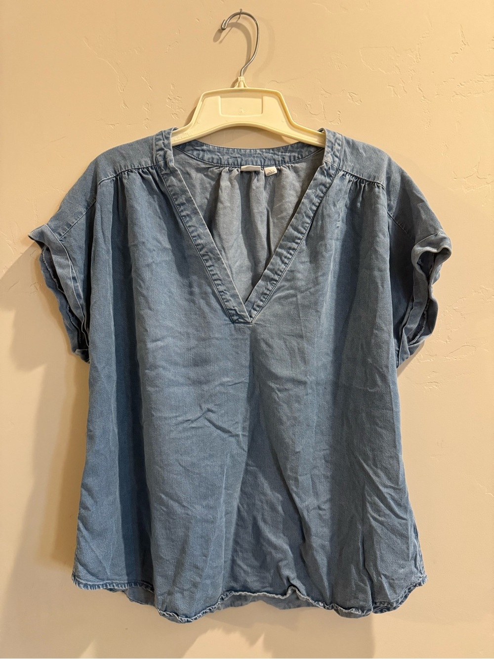 GAP Light Denim V-Neck Roll-Sleeve Blouse